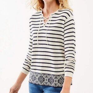 Women's‎ J. JILL Lace-Up Neckline Cotton Knit Cream & Navy Sweater- Size M